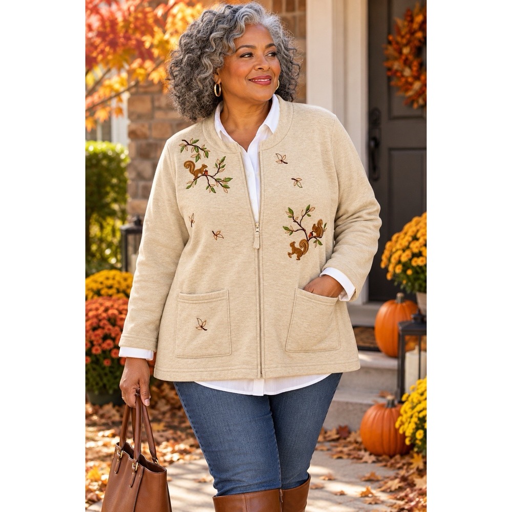 Breckenridge Embroidered Squirrel Full Zip Cardigan XL Grandma Core Fall